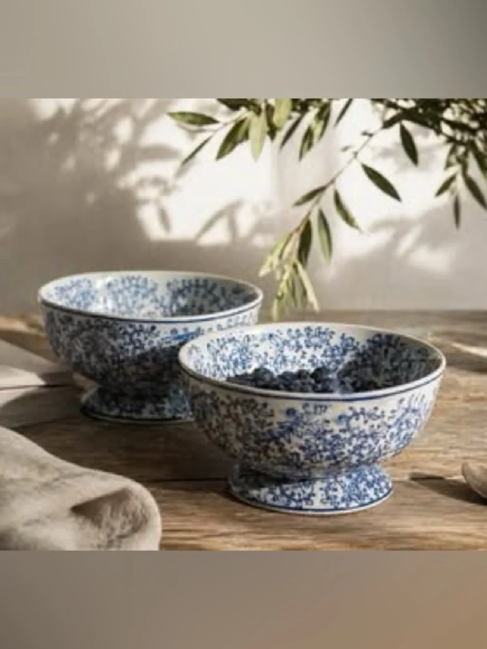Pottery Barn Indigo Pedestal Bowls Blue White Set of 2